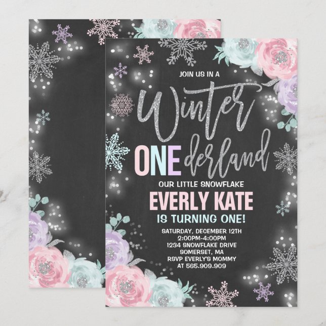 Convite Winter ONEderland Birthday Invitation Pink Silver (Frente/Verso)