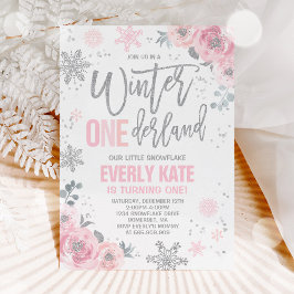 Convite Winter ONEderland Birthday Invitation Pink Silver