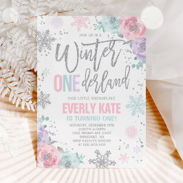 Convite Winter ONEderland Birthday Invitation Pink Silver