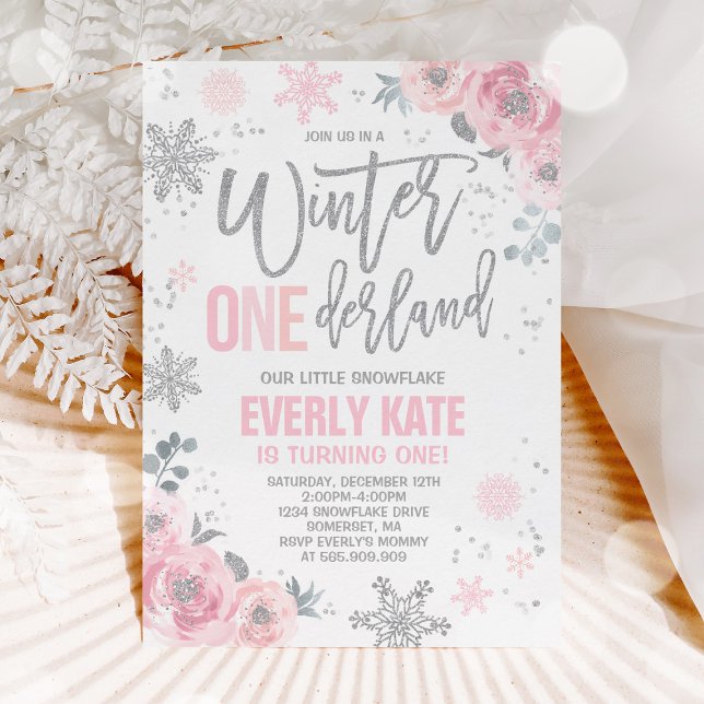 Convite Winter ONEderland Birthday Invitation Pink Silver (Criador carregado)