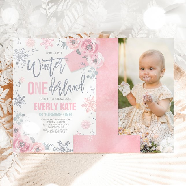 Convite Winter ONEderland Birthday Invitation Pink Silver (Criador carregado)