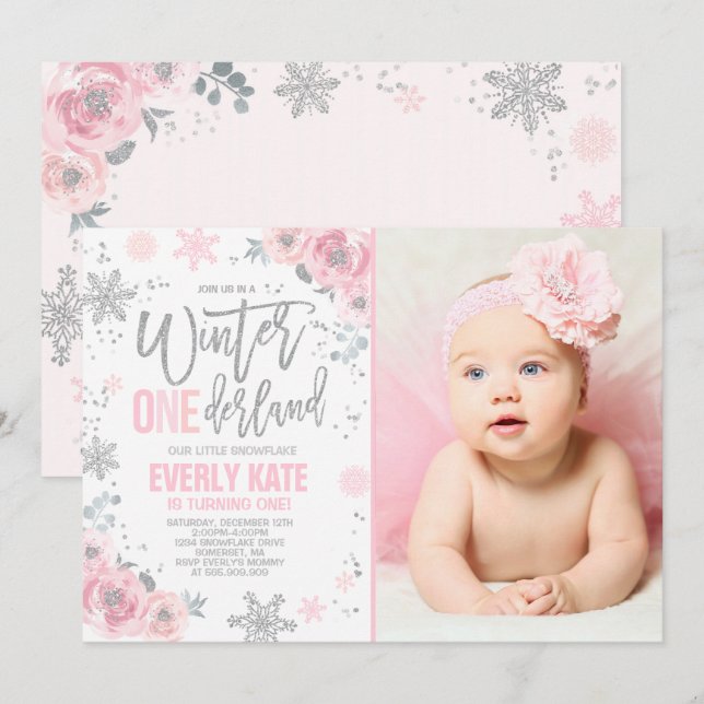 Convite Winter ONEderland Birthday Invitation Pink Silver (Frente/Verso)
