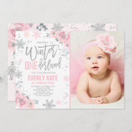 Convite Winter ONEderland Birthday Invitation Pink Silver