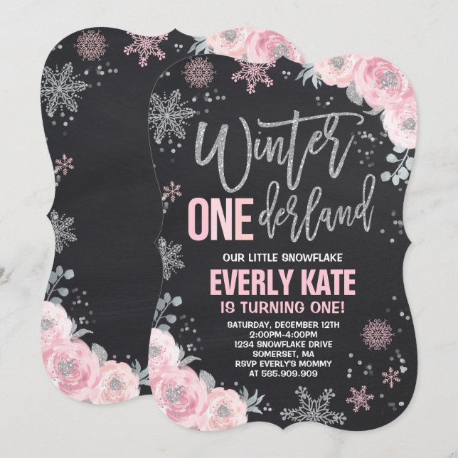 Convite Winter ONEderland Birthday Invitation Pink Silver (Frente/Verso)