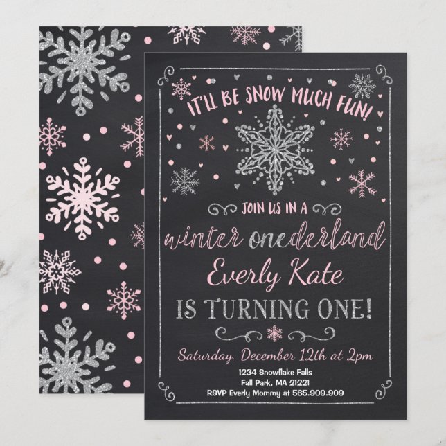 Convite Winter ONEderland Birthday Invitation Pink Silver (Frente/Verso)