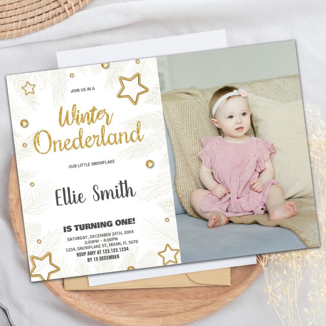 Convite Winter ONEderland Birthday Inviting Star Photo (Winter ONEderland Birthday Invitations Star Photo)
