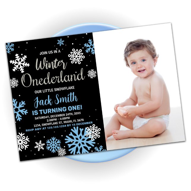 Convite Winter Onederland Birthday Invoca Foto Negra (Winter Onederland Birthday Invitations Black Photo)