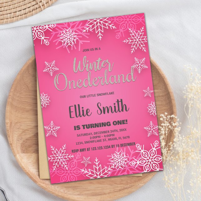 Convite Winter ONEderland Birthday Invoca Neve Rosa (Winter ONEderland Birthday Invitations Pink Snow)