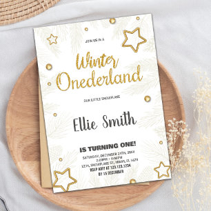 Convite Winter ONEderland Birthday Invoca Ouro Star