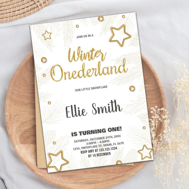 Convite Winter ONEderland Birthday Invoca Ouro Star (Winter ONEderland Birthday Invitations Star Golden)
