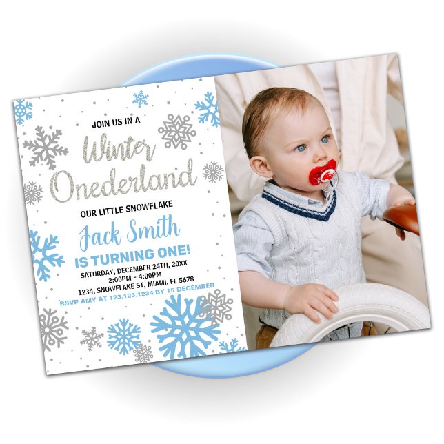 Convite Winter Onederland Birthday Invtions Blue Photo (Winter Onederland Birthday Invitations Blue Photo)