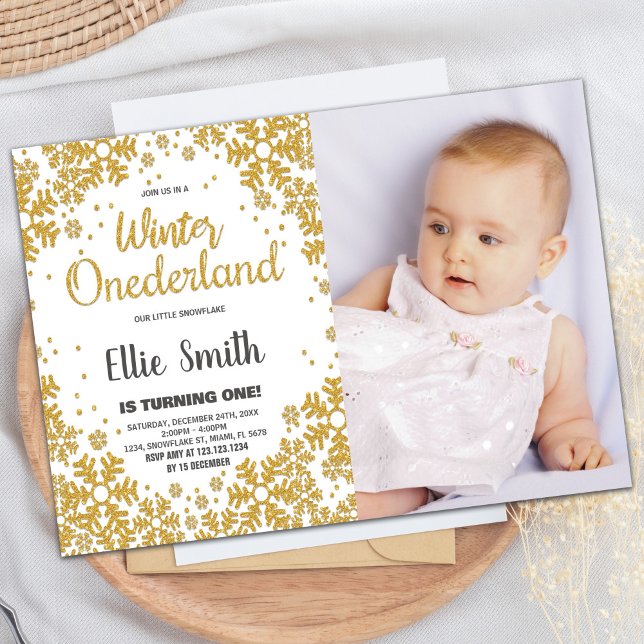 Convite Winter ONEderland Birthday Invtions Foto Dourada (Winter ONEderland Birthday Invitations Gold Photo)
