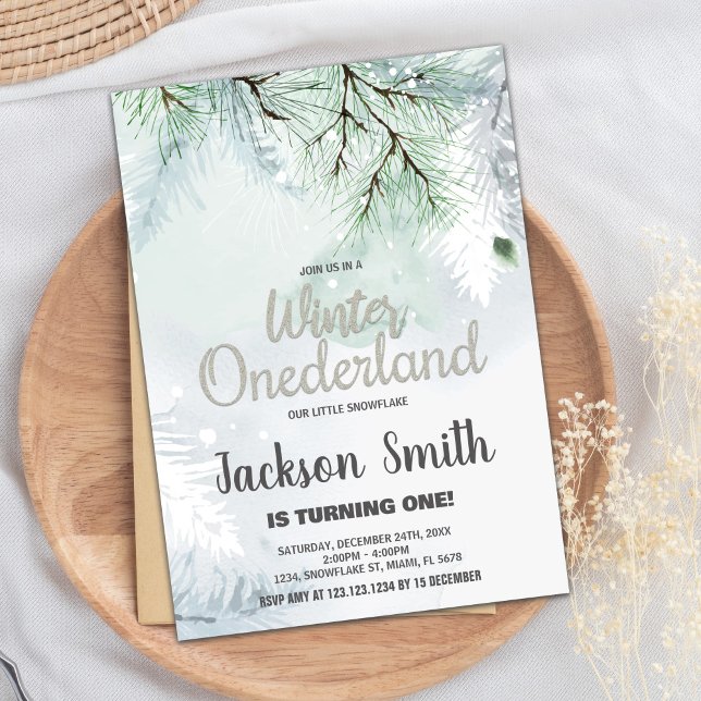 Convite Winter ONEderland Birthday Invtions Pine Green (Winter ONEderland Birthday Invitations Pine Green)