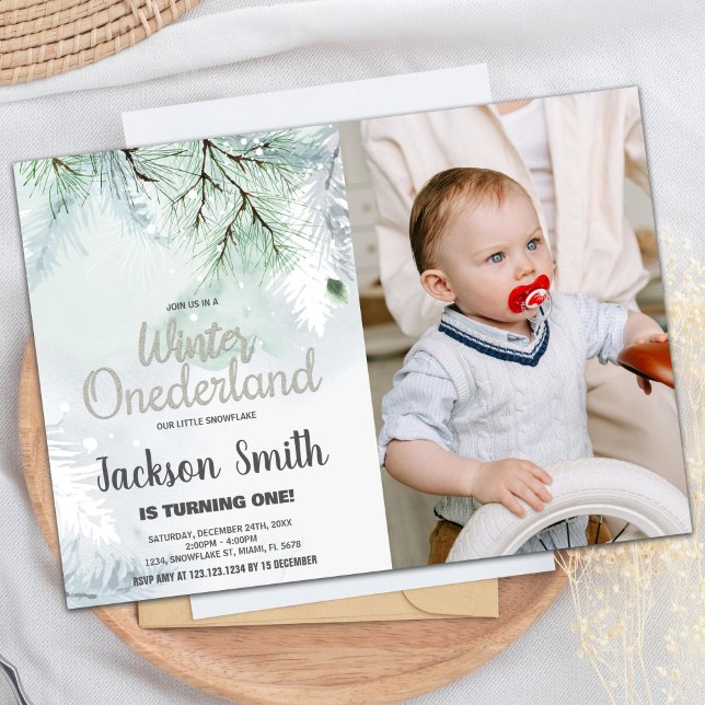 Convite Winter ONEderland Birthday Invtions Pine Photo (Winter ONEderland Birthday Invitations Pine Photo)