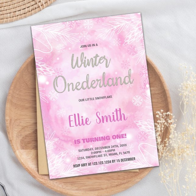 Convite Winter ONEderland Birthday Invtions Pink Glitt (Winter ONEderland Birthday Invitations Pink Glitte)
