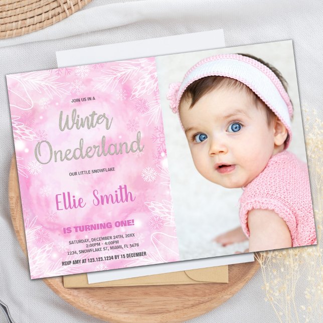 Convite Winter ONEderland Birthday Invtions Pink Photo (Winter ONEderland Birthday Invitations Pink Photo)
