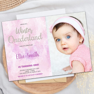 Convite Winter ONEderland Birthday Invtions Pink Photo