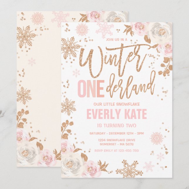 Convite Winter ONEderland Birthday Rosa Dourado E Rosa (Frente/Verso)