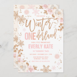 Convite Winter ONEderland Birthday Rosa Dourado E Rosa