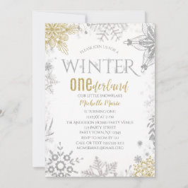 Convite Winter Onederland Birthday Silver Dourado Floco de