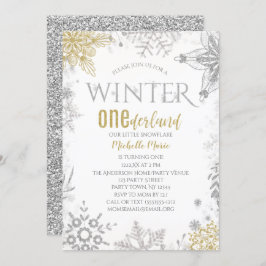 Convite Winter Onederland Birthday Silver Dourado Floco de