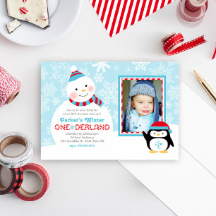 Convite Winter ONEderland Birthday Snowman Penguin Foto