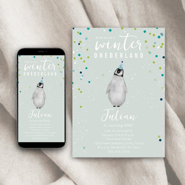 Convite Winter Onederland Blue Birthday Penguin Confetti (Criador carregado)