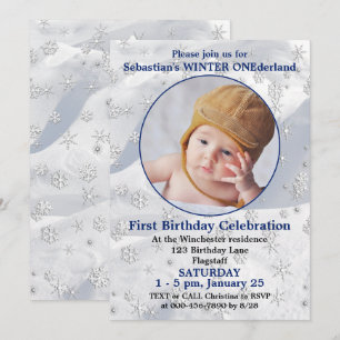 Convite Winter ONEderland Blue First Birthday Snowflake
