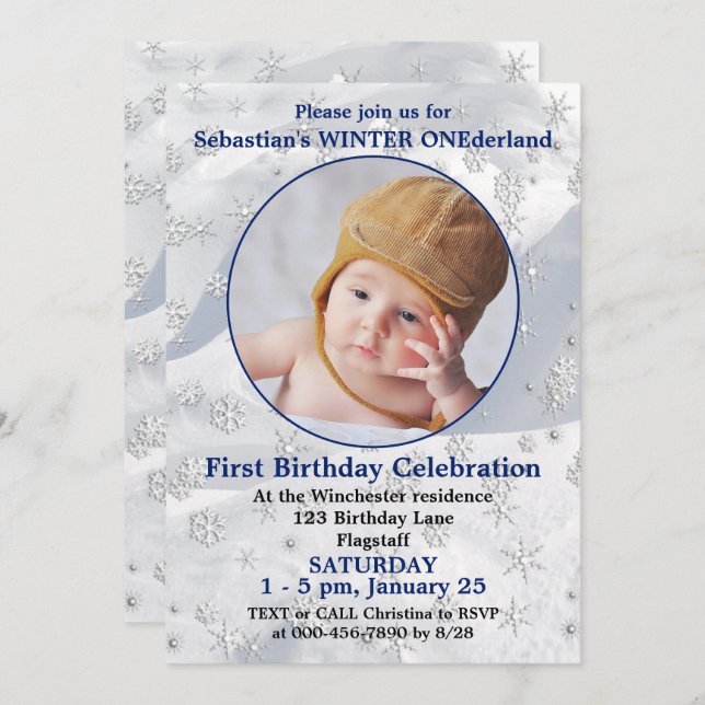 Convite Winter ONEderland Blue First Birthday Snowflake (Frente/Verso)