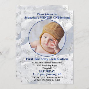 Convite Winter ONEderland Blue First Birthday Snowflake