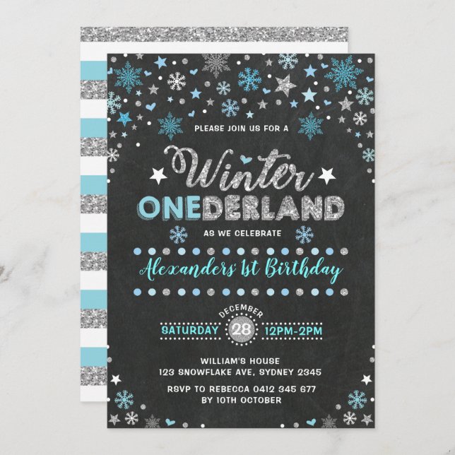 Convite Winter ONEderland Blue Silver Snowflakes Aniversár (Frente/Verso)