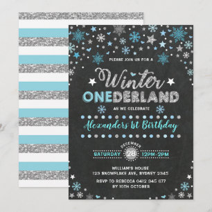 Convite Winter ONEderland Blue Silver Snowflakes Aniversár