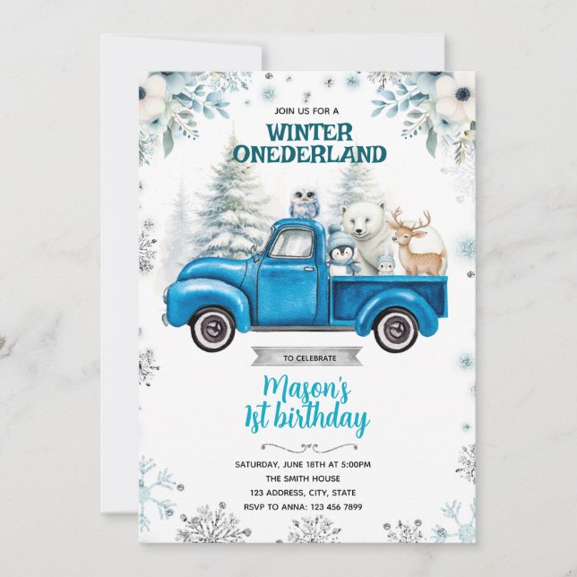 Convite Winter Onederland blue truck invitation (Frente)
