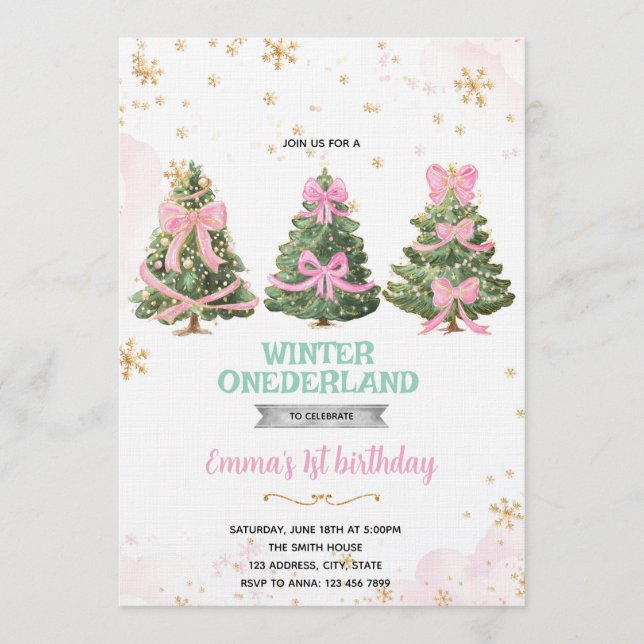 Convite Winter Onederland bow tree invitation (Frente)
