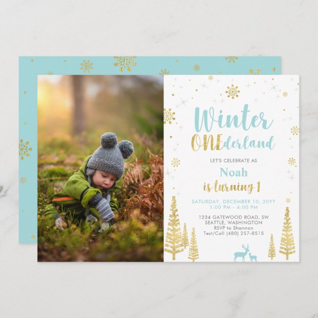 Convite Winter Onederland, Boy 1rua Foto de Aniversário (Frente/Verso)