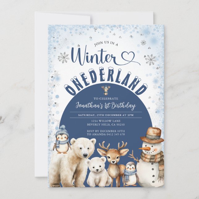Convite Winter Onederland Boy 1st Birthday Arctic Animals (Frente)