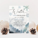 Convite Winter ONEderland Boy primeiro aniversario Mountai<br><div class="desc">Cartão de convite de aniversário do garoto moderno,  com arte aquosa da montanha de inverno com pinheiros com flocos de neve. O texto diz "Winter ONEDERLAND". Perfeito para o primeiro aniversário de um menino no inverno.</div>