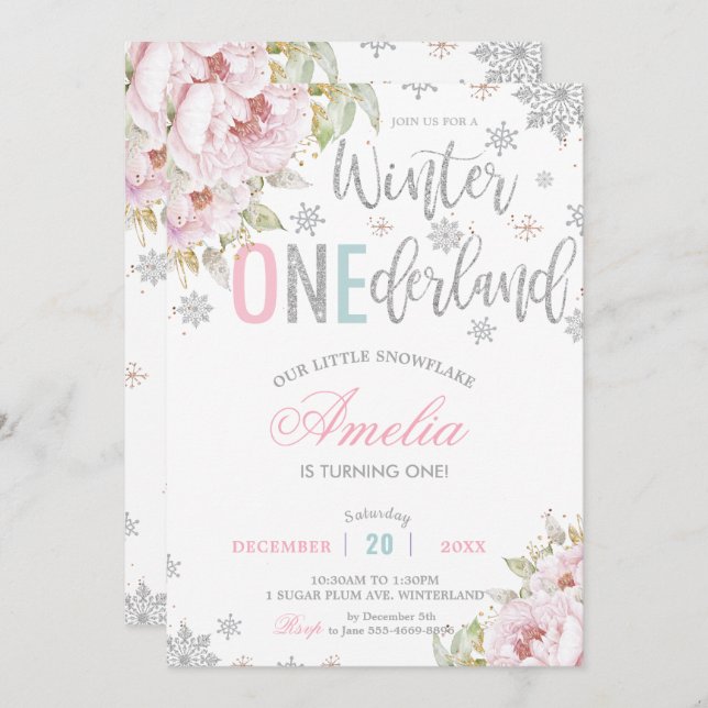 Convite Winter Onederland Christmas Baby Girl primeiro ani (Frente/Verso)