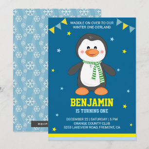 Convite Winter Onederland Cute Penguin primeiro aniversari