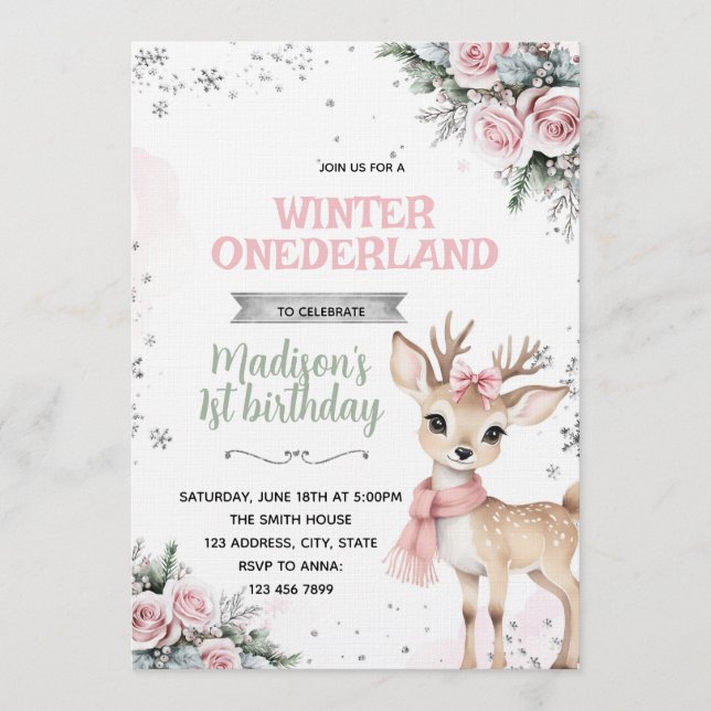 Convite Winter Onederland deer invitation (Frente)