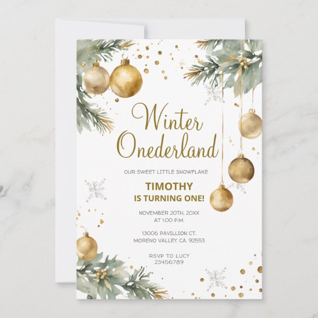 Convite Winter Onederland Dourado Baubles Party (Frente)