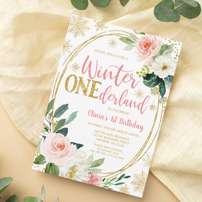 Convite Winter ONEderland Dourado Pink Floral Birthday (Criador carregado)