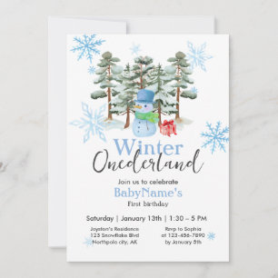 Convite Winter Onederland First Birday Cute Snowman Blue