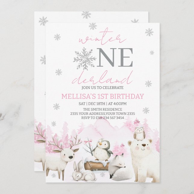Convite Winter ONEderland first birthday (Frente/Verso)