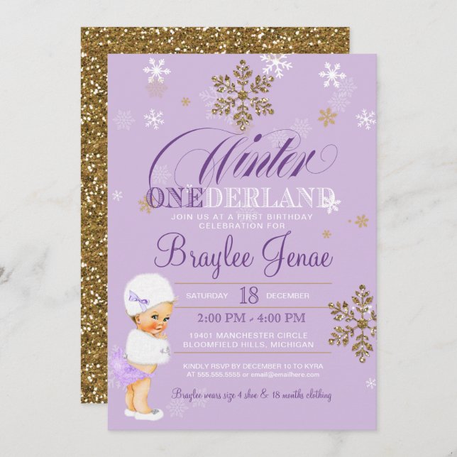 Convite Winter Onederland First Birthday Blone Baby Girl (Frente/Verso)
