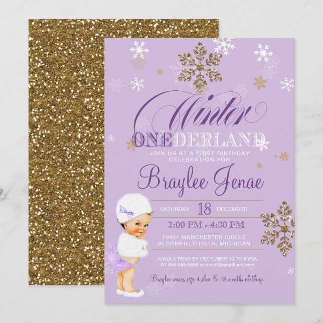 Convite Winter Onederland First Birthday Brunette Baby (Frente/Verso)