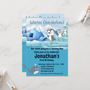 Convite Winter Onederland First Birthday Cute Penguin Iglo