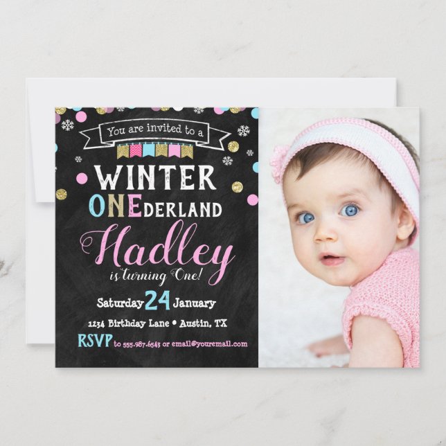 Convite Winter Onederland First Birthday Photo Invitation (Frente)
