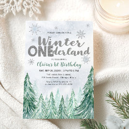 Convite Winter Onederland First Birthday Snowflakes Forest
