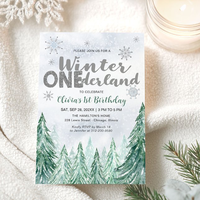 Convite Winter Onederland First Birthday Snowflakes Forest (Criador carregado)
